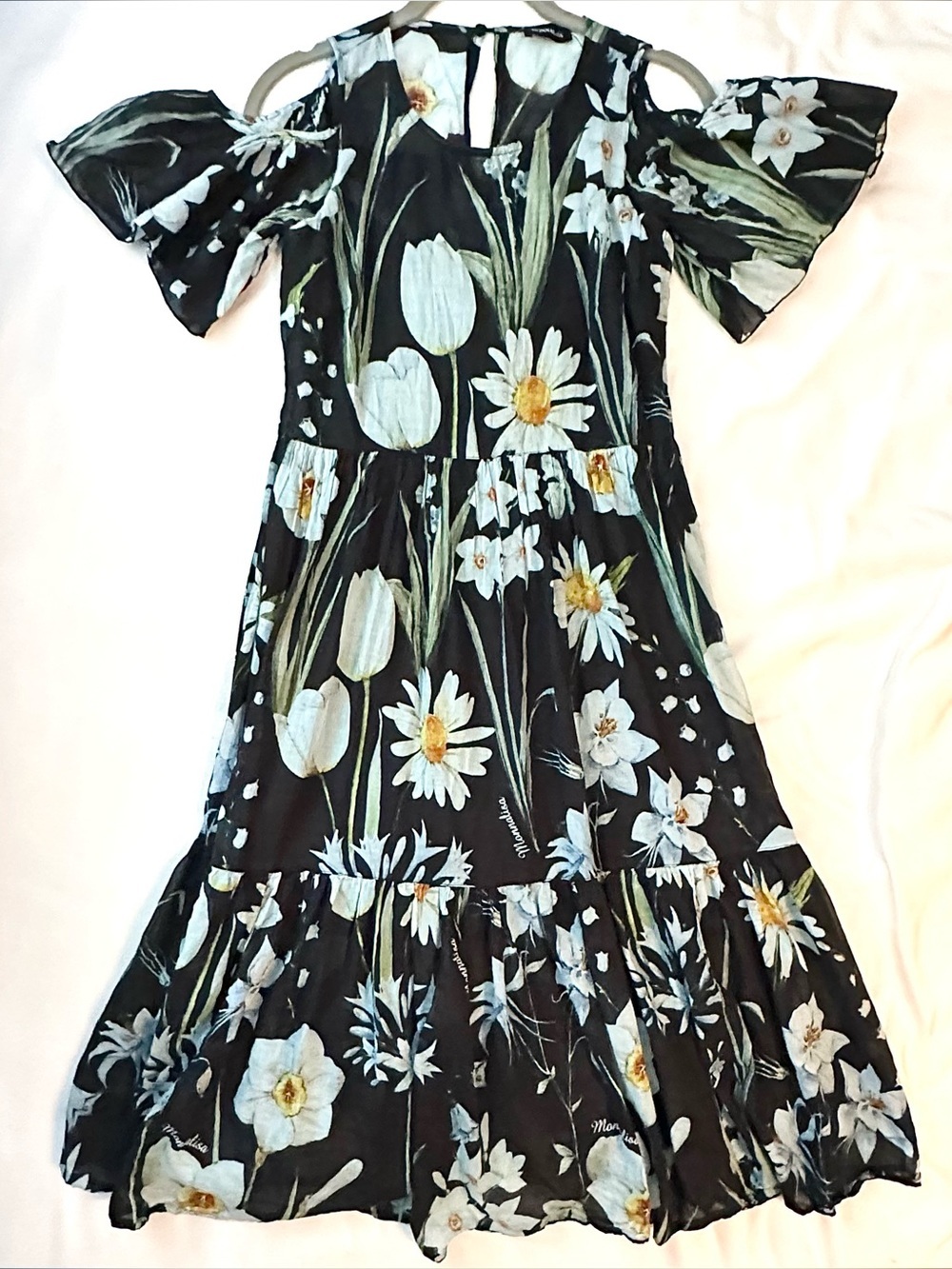 Monnalisa Cut Out Short Sleeve Black Cotton Midi Dress XS Floral Muslin Ruffle